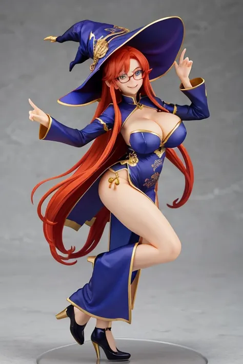 figure of witch, dancing, big breasts, sexy pose, glasses, redhead, hat witch, smile, china dress