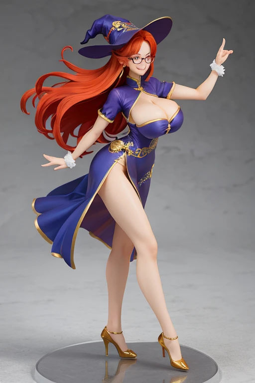 figure of witch, dancing, big breasts, sexy pose, glasses, redhead, hat witch, smile, china dress