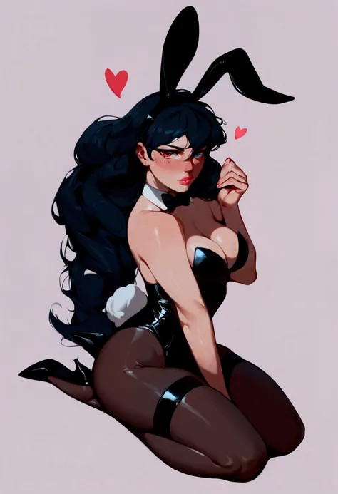 (score_9, score_8_up, score_7_up), zPDXL, olay boy bunny, 1 girl, alone, looking at viewer, plain background, blushing, red eyes, full body, long hair, black hair, bunny girl outfit, bunny ears, kawaii, black thigh high stockings, tight stockings, black he...