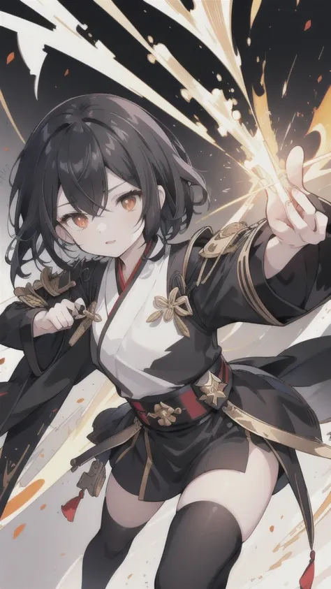 short black hair，Golden pupils，Black Hanfu and armor，Black long knife，crow flying in the air，black stockings，Wearing a black glove on the left hand，silvery white flame