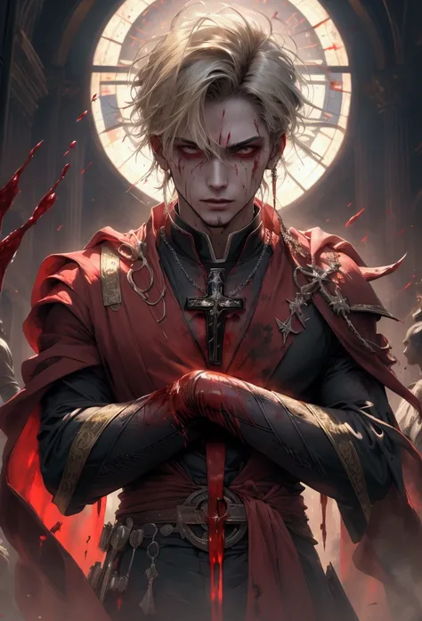 "Realistic Digital Painting with Concept Art Elements"," digital painting," "concept art," "realistic," "high detail", "1boy", "muscular", "wearing priest garment", "blood all over his hands and priest garments", "high-res", "blonde hair", "church", "moonl...