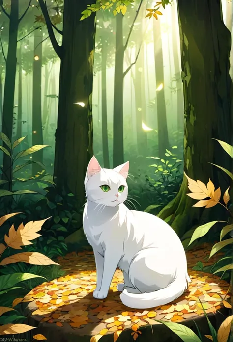 please draw the white cat milk and the mysterious forest scenery.。please create an atmosphere where you can feel the quiet ambie...