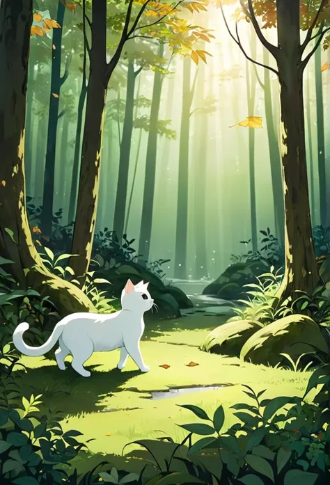 please draw the white cat milk and the mysterious forest scenery.。please create an atmosphere where you can feel the quiet ambie...