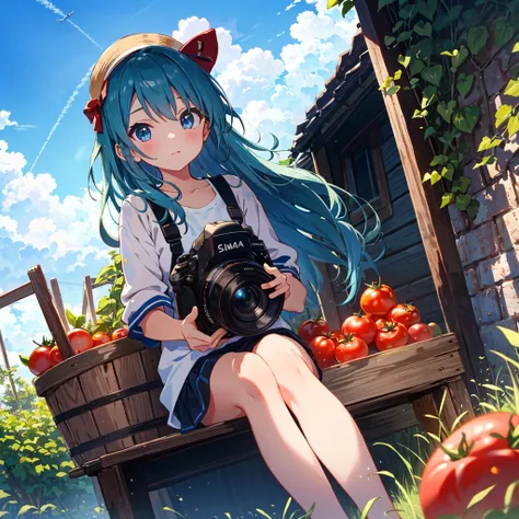 a extreme detailed portrait photo of stunningly-beautiful blue wide-sky mid-summer scene, a very cute girl(2023 anime style) is sitting at tomato farm and looking up at strong summerlight(from foreground) with contrail, she is holding tomato, bucket, lush ...