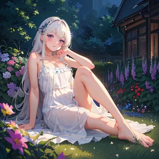 (best quality,4K,8K,high resolution,masterpiece:1.2),Very detailed,(Practical,photoPractical,photo-Practical:1.37),illustration,Soft Light,White hair girl,Deep purple eyes,Glowing eyes,sit down,barefoot,blush,Garden at night,Flowers.dew