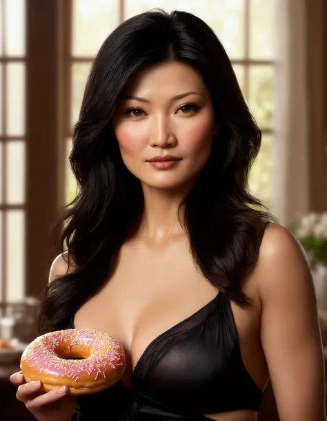 a beautiful young woman (Kelly Hu) in a sheer negligee (no underwear), eating a donut with crumbs fallen on her breasts, morning light from large windows in a dining room, 1girl, beautiful detailed eyes, beautiful detailed lips, extremely detailed face, lo...