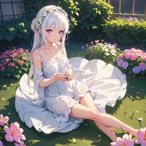 (best quality,4K,8K,high resolution,masterpiece:1.2),Very detailed,(Practical,photoPractical,photo-Practical:1.37),illustration,Soft Light,White hair girl,Deep purple eyes,Glowing eyes,sit down,barefoot,blush,Garden at night,Flowers.dew