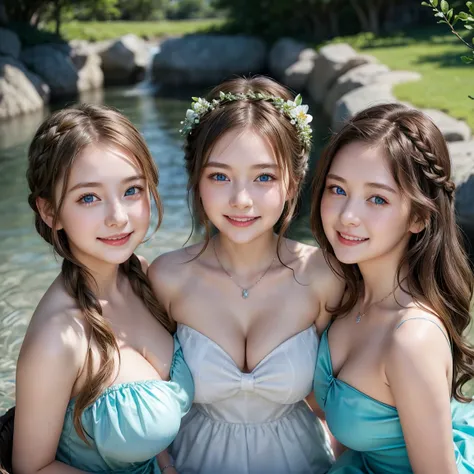 ( 3 girls),smile、Look into the camera、Diamond necklace、Braided hair, strapless dress、exposed upper arms、Flower Hair Ornaments、 Masterpiece, Highest quality, 8ก, beautiful girl, young face、 photography, Cute face, in the stream,、smile、small waist, blue eyes...