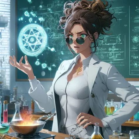 a very beautiful woman , random hair style, form-fitting suit, white lab coat, sunglasses, green eyes, in a laboratory, chemicals on the table, boiling potions, wearing sun glasses, she has the super power alchemize, she can turn wood to metal, and rubber ...