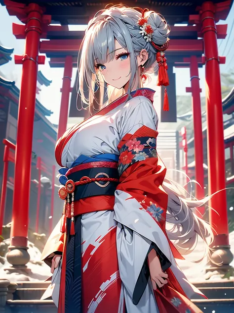 28 years old, Sexy body, Slim body, Silver hair fades to light blue tail, hair covering one eye, /Asymmetrical hair, /half bun hair, /half updo half up half down, /Medium Length Hair, /long wavy hair, blue eyes, break, Japanese clothes, kimono, neat kimono...