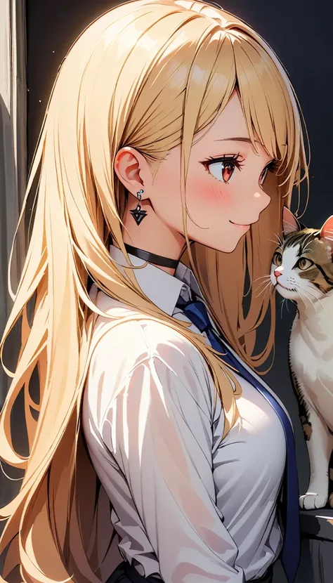 (Highest quality:1.2, Very detailed, Attention to detail, digital coloring, High Contrast, masterpiece:1.2, Highest quality, Best aesthetics), ((1 girl)), blonde, Straight Long Hair, Red eyes, Earrings, Black choker, Collared shirt, Blue tie, smile, blush,...