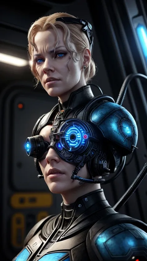 7of9 wearing blue sttldunf uniform,veins,borg,eyepatch,cable,luma,rosalina,detailed face,detailed eyes,detailed lips,metal textu...