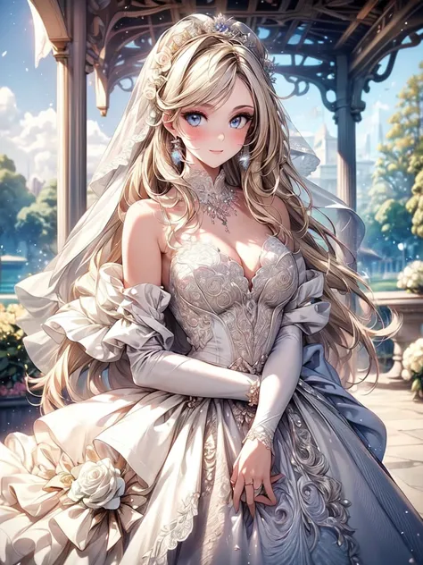 (masterpiece, best quality, beautiful and aesthetic:1.3), looking at viewer, 1girl, solo, light smile, (makeup, long hair, light beige hair, blue eyes:1.2), Octane Render, bridal veil, lace-trimmed dress, see-through, wedding dress, outdoors, white roses, ...