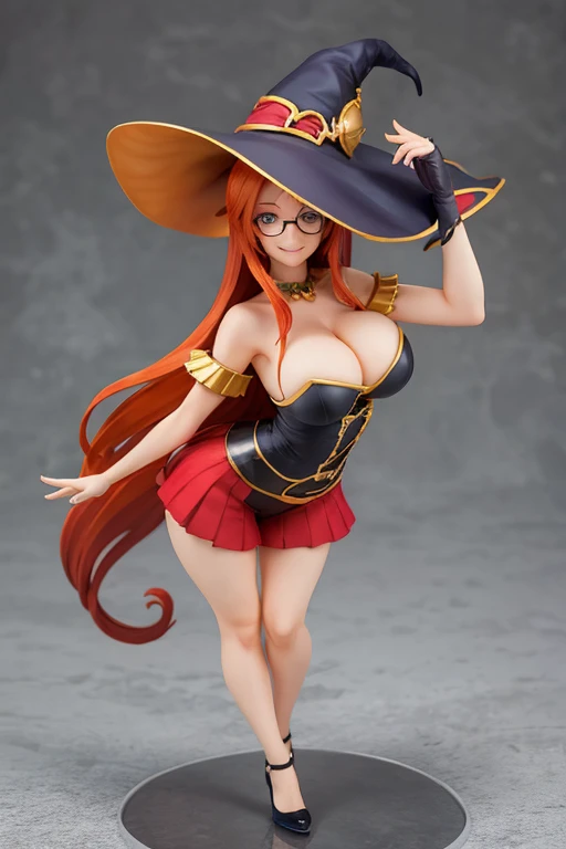 figure of witch, dancing, big breasts, sexy pose, glasses, redhead, hat witch, smile, bkini