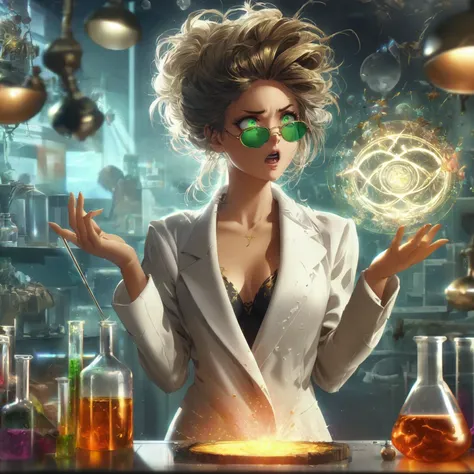 a very beautiful woman , random hair style, form-fitting suit, white lab coat, sunglasses, green eyes, in a laboratory, chemicals on the table, boiling potions, wearing sun glasses, she has the super power alchemize, she can turn wood to metal, and rubber ...