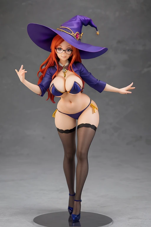 figure of witch, dancing, big breasts, sexy pose, glasses, redhead, hat witch, smile, bikini