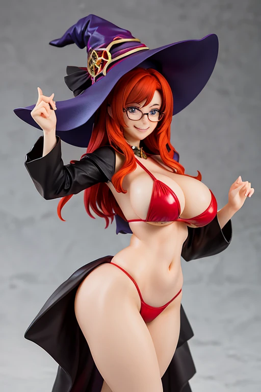 figure of witch, dancing, big breasts, sexy pose, glasses, redhead, hat witch, smile, red bikini