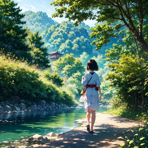 close shot, 2girls, tomboy, summer vacation, japanese countryside, river, playing in the water, laugh