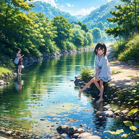 close shot, 2girls, tomboy, summer vacation, japanese countryside, river, playing in the water, laugh