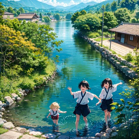 close shot, 2girls, tomboy, summer vacation, japanese countryside, river, playing in the water, laugh