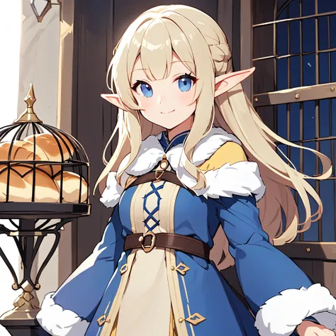 Elf Girl, alone, (Grey-haired blonde, Deep blue eyes:1.2),, Birdcage Bread, Asymmetrical bangs:1.3, A light smile, Fur trim, Fur-trimmed sleeves, Long sleeve, Have a weapon,(Little),(Littleキャラ)