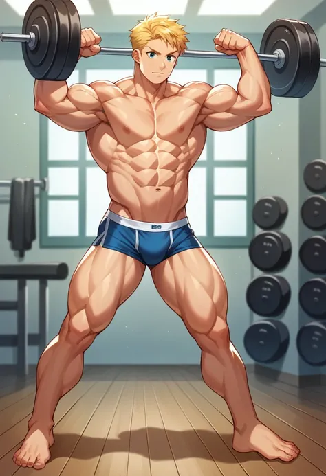 (​masterpiece, best quality), Intricate detailing, 8K, artstation, Anime art, Young Teenager, Teen Bodybuilder, 14 years old, blonde hair, posing bis muscles in underwear, barefoot, Buff muscle Body, flexing his muscles, muscular chest, weightlifting, side...