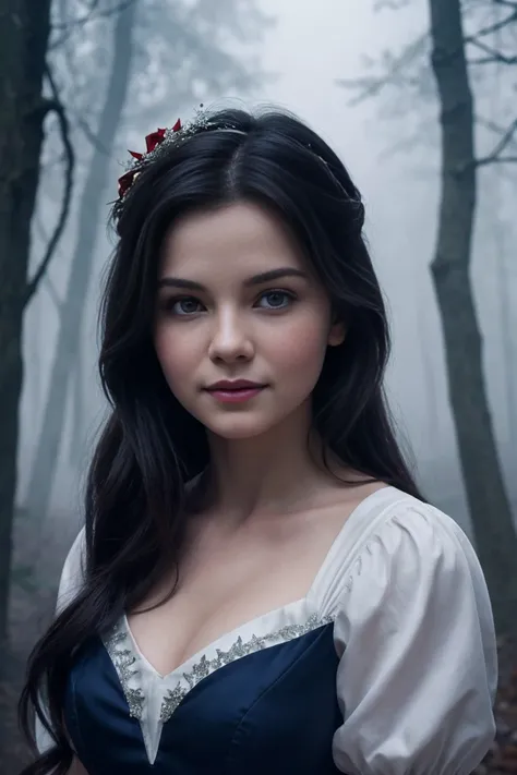 Create a photorealistic close-up portrait of Snow White, age 25, in a Dark Fantasy style. Snow White has a gentle, serene expression with a hint of a smile, her dark hair styled in a classic bob with a red ribbon. She wears a deep crimson and dark blue dre...