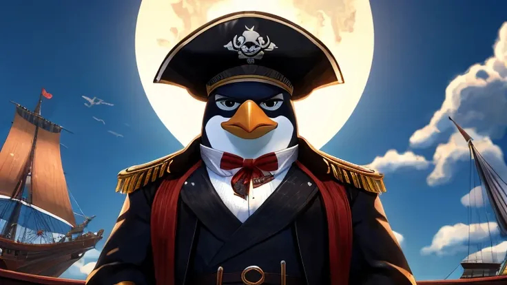 A penguin pirate captain, black and white feathers, black eyes, wearing a captains hat adorned with feathers and jewels, dressed in a pirate coat and high boots. Looking at the viewer, with an imposing pirate ship in the background and the rising sun on th...