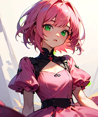 4K,masterpiece,Highest quality,Pink Hair,Medium Hair,girl,Pink Dress,Green Eyes,front