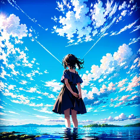 a extreme detailed photo of stunningly-beautiful deep blue summer sky scene, nostalgic scene of a captivating girl(2023 anime style) frolicking with her friends, childhood memory::0.5, at water playground, massive summer clouds, the sky with an HDR and det...