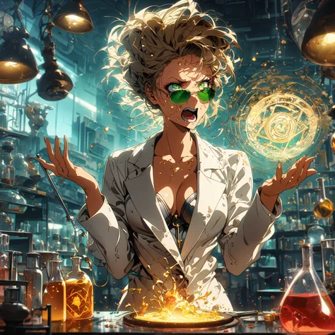 a very beautiful woman , random hair style, form-fitting suit, white lab coat, sunglasses, green eyes, in a laboratory, chemicals on the table, boiling potions, wearing sun glasses, she has the super power alchemize, she can turn wood to metal, and rubber ...