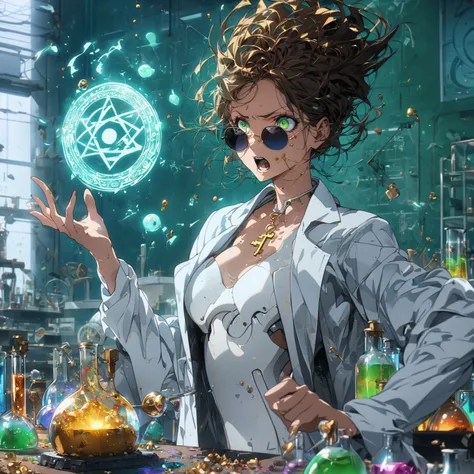 a very beautiful woman , random hair style, form-fitting suit, white lab coat, sunglasses, green eyes, in a laboratory, chemicals on the table, boiling potions, wearing sun glasses, she has the super power alchemize, she can turn wood to metal, and rubber ...