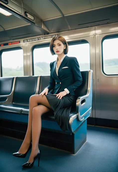 sit elegantly, beauty sitting on train seat, shot from the opposite seat, knee height seat, view the photographer, one woman, fu...