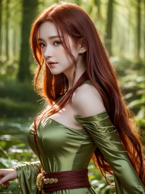 a beautiful redheaded asian girl, long very silky hair, elegant elf dress, dense forest, no sunlight, detailed face and eyes, very big tits (best quality,4k,8k,highres,masterpiece:1.2),ultra-detailed,(realistic,photorealistic,photo-realistic:1.37),magical ...