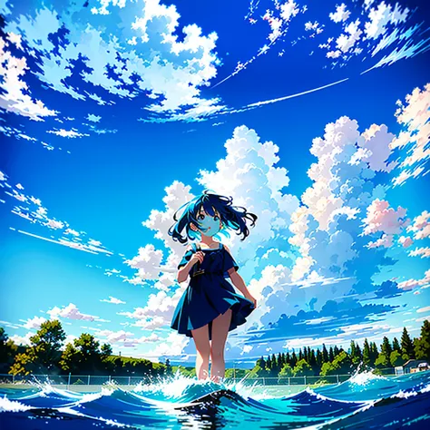 a extreme detailed photo of stunningly-beautiful deep blue summer sky scene, nostalgic scene of a captivating girl(2023 anime style) frolicking with her friends, childhood memory::0.5, at water playground, massive summer clouds, the sky with an HDR and det...