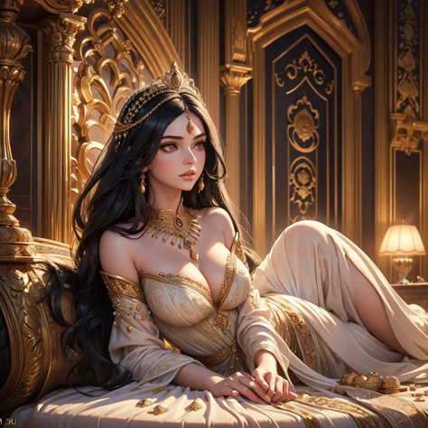 a beautiful persian princess, 1girl, long wavy black hair, porcelain white skin, medium breasts, full body visible from head to toe, royal mughal palace, detailed facial features, extremely detailed eyes and face, beautiful detailed lips, beautiful detaile...