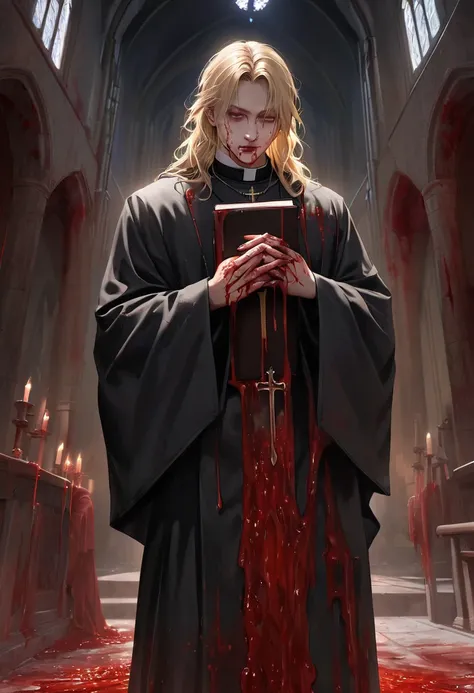 "Realistic Digital Painting with Concept Art Elements"," digital painting," "concept art," "realistic," "high detail", "1boy", "muscular", "wearing priest garment", "blood all over his hands and priest garments", "high-res", "blonde hair", "church", "moonl...