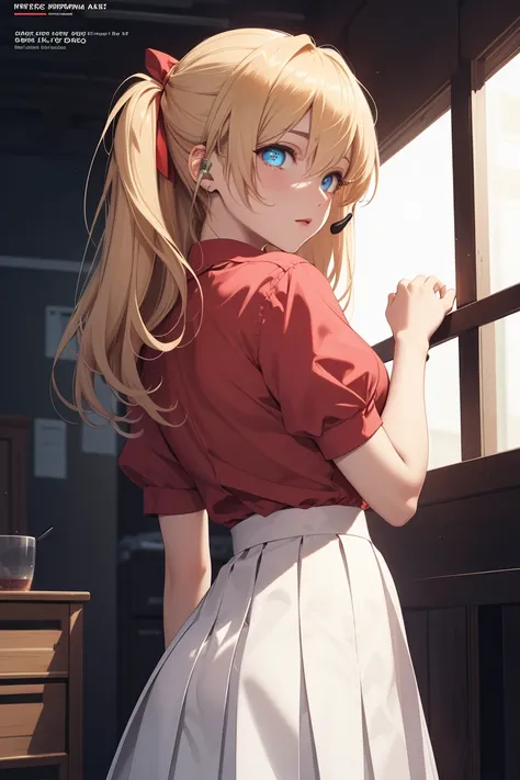 ((souryuu asuka langley, interface headset, blonde)),Her eyes shone like dreamy stars,(glowing eyes:1.233),
BREAK (white skirt, red ribbon, pink shirt, pleated skirt, bangs, neck ribbon, puffy short sleeves:1.2)
BREAK from behind,  ((magazine cover)), line...