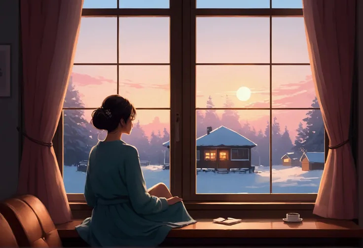 Woman sitting in coach in front of window, Digital painting inspired by Alena Aenami, pixiv, realism, silent Night. digital illustration, blurred and dreamy picture, blurry and dreamy picture, artistic. Alena Anami, keyframe picture, dreamy picture, Lo-Fi ...