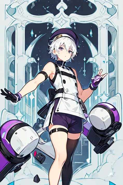 man, gay, short white hair with a purple fringe, White cap, with robotic left arm, black sleeveless shirt, Morados shorts, long tights, herrero