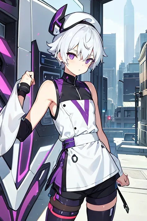 man, gay, short white hair with a purple fringe, White cap, with robotic left arm, black sleeveless shirt, Morados shorts, long tights, herrero