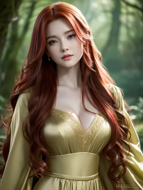 a beautiful redheaded asian girl, long very silky hair, elegant elf dress, dense forest, no sunlight, detailed face and eyes, very big tits (best quality,4k,8k,highres,masterpiece:1.2),ultra-detailed,(realistic,photorealistic,photo-realistic:1.37),magical ...