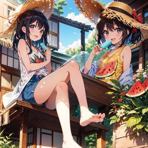 absurdres, highres, vivid
BREAK
one (loli:1.15) girl griping (popsicle) at veranda (wood deck:0.5) of (Japanese house), (summer) vacation, tank top (watermelon) (printed) shirt, short pants, straw hat , smile, happy, open mouth, (sunlight:0.3), (lens flare...