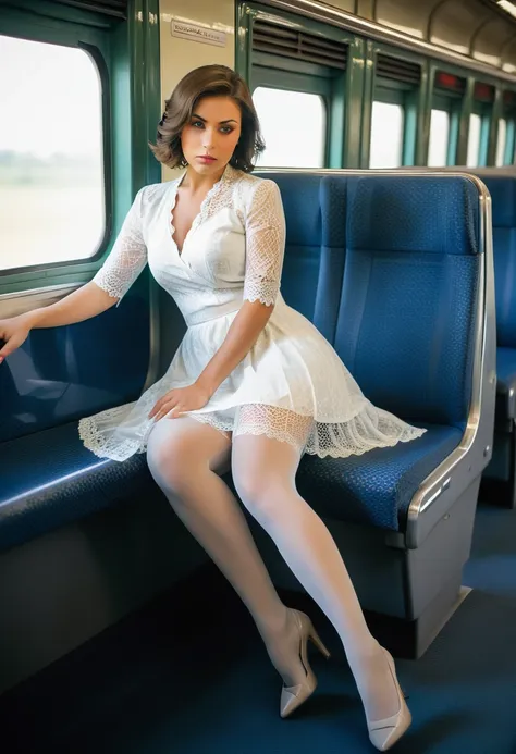 sit elegantly, beauty sitting on train seat, angle from the front, voluptuous body, shot from the opposite seat, knee height sea...