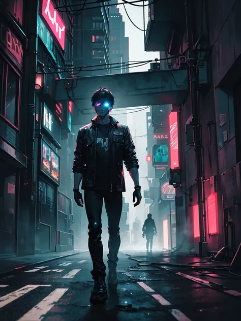 a man with a television head, cyberpunk scene, wearing a shirt, dark, alley, 1 person, highly detailed, 8k, hyperrealistic, cinematic lighting, dramatic shadows, neon lights, advanced technology, glowing elements, moody atmosphere, gritty urban environment...