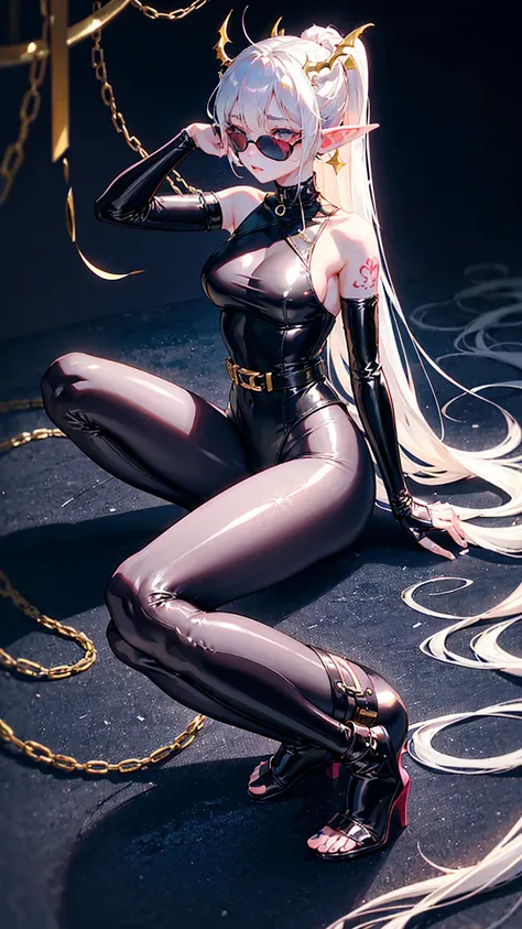 12岁female孩，White skin，big eyes，wistful look，Aheiyan，Extra-long ponytail hairstyle，White pink gradient hair，Devil Horns，Elf ears，Respiratory masks，See-through installation，Gold rimmed glasses，Star Eyes，Collar，sex感身材，Latex clothing，tight belt，Tight，Lace tuni...