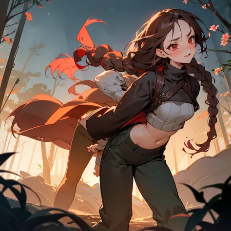 1female, sexy, young teen, finely detailed red eyes, wild long hair, braided hair, dark brown color hair, adventurer gear, crop top sweater, baggy combat pants, night time, dark forest, excited expression, flowers, blushing, standing on path, lanturns