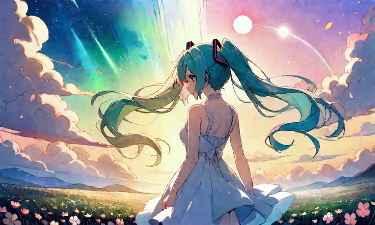 (masterpiece、Highest quality、Highest quality、Official Art、beautiful, beautiful:1.2)、(1 girl:1.3)hatsune miku、Twin tails,big,(High resolution、Very detailed、Hmph、movie、Cherry Blossom Gardenに立つ女の子、Cherry Blossom Garden、Cherry blossom petal splash art、Ultra De...