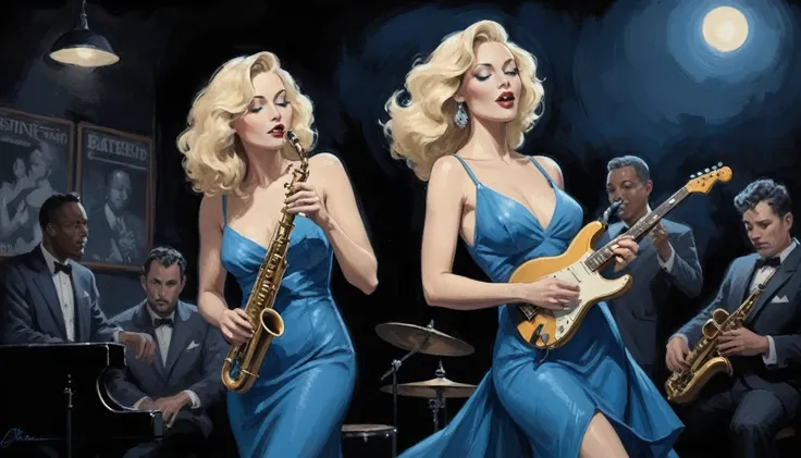 alabama bar, blue note, charismatic, baterist, guitarist, saxophonist, jazz band, blue dress, illustration, noir fantasy, singer blonde lady, 