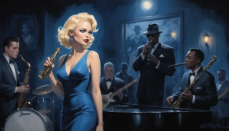 alabama bar, blue note, charismatic, baterist, guitarist, saxophonist, jazz band, blue dress, illustration, noir fantasy, singer blonde lady, 